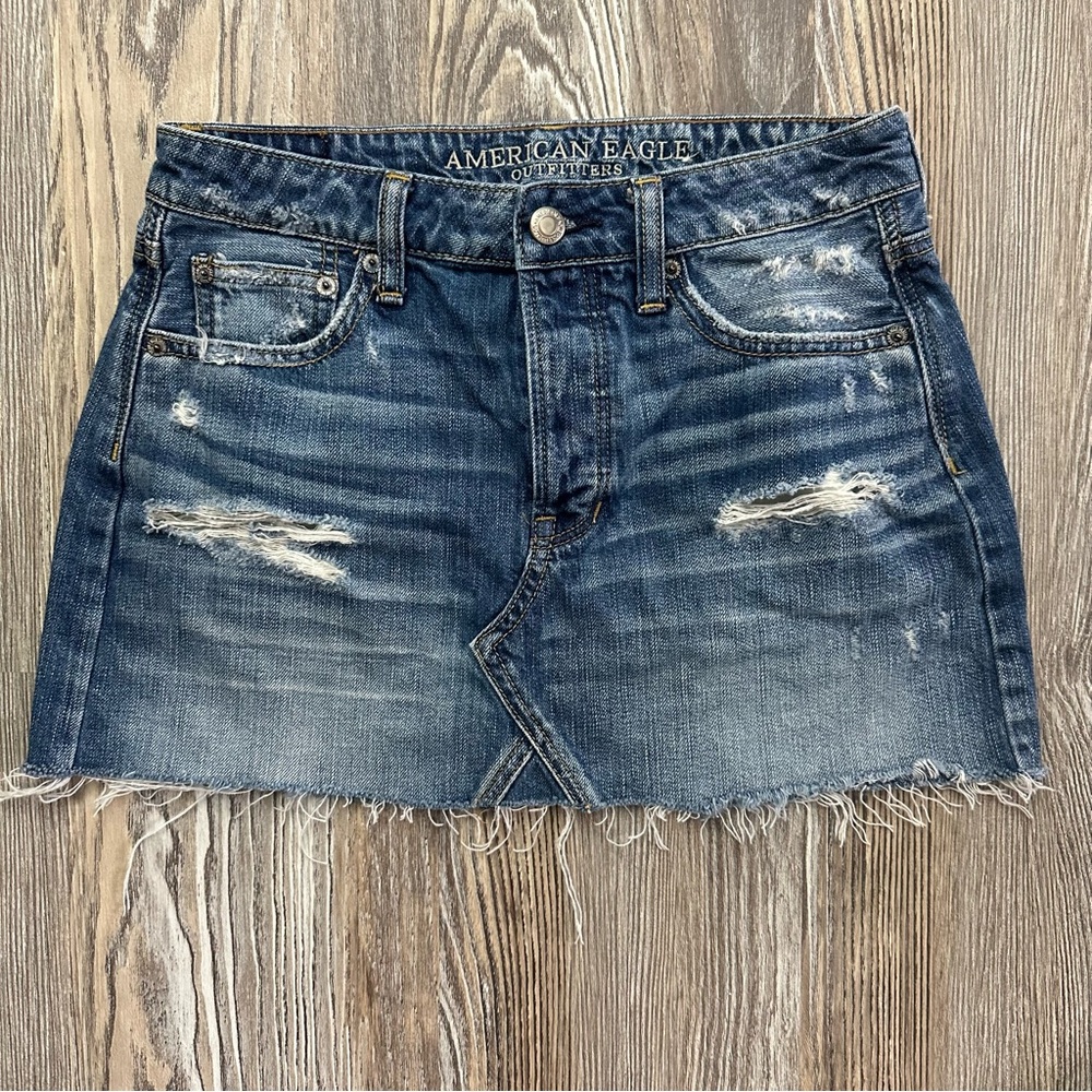 American Eagle Outfitters Distressed Blue Denim Mini Skirt